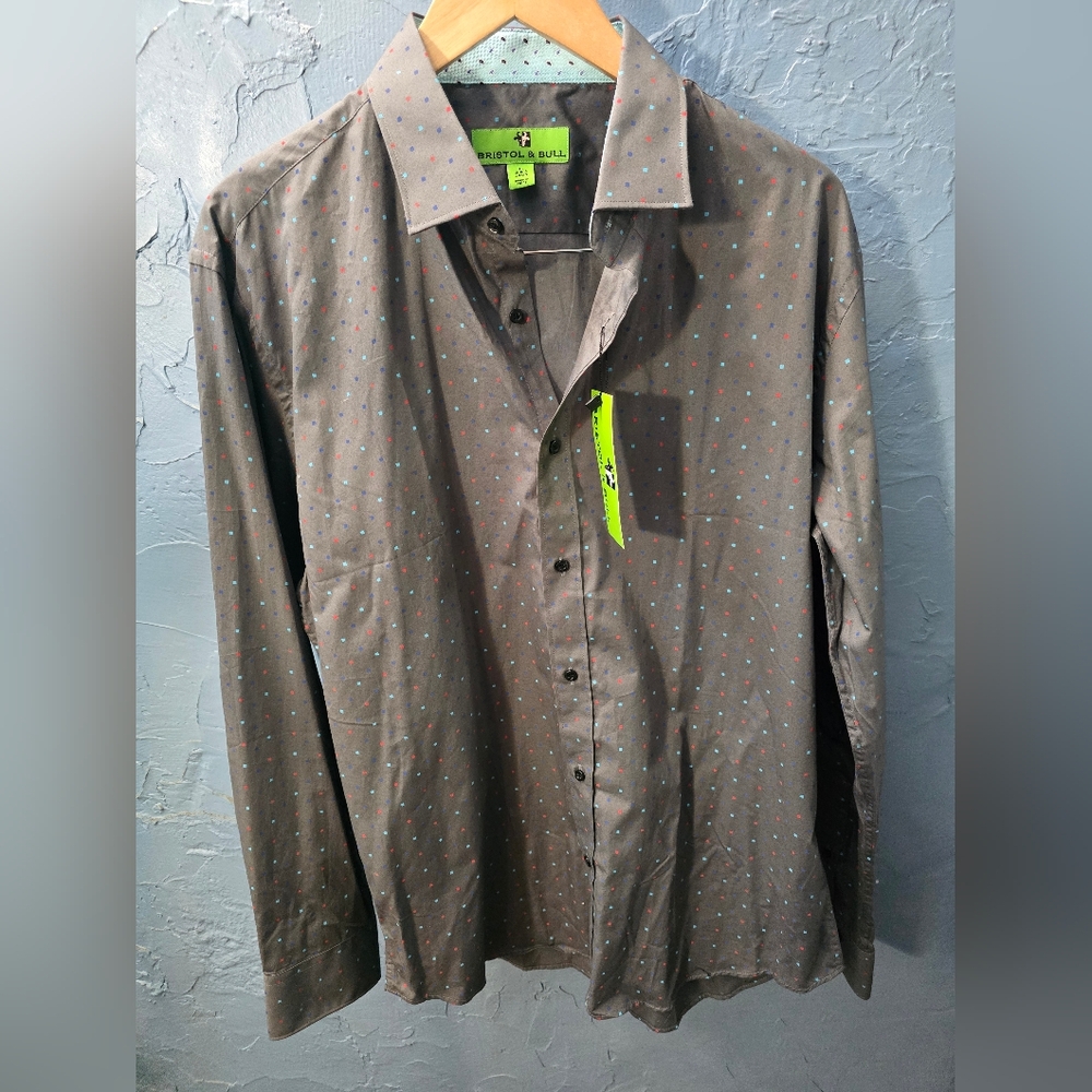 Bristol & Bull Square Polka Dot Shirt Gray Long Sleeve Button Down Sz L